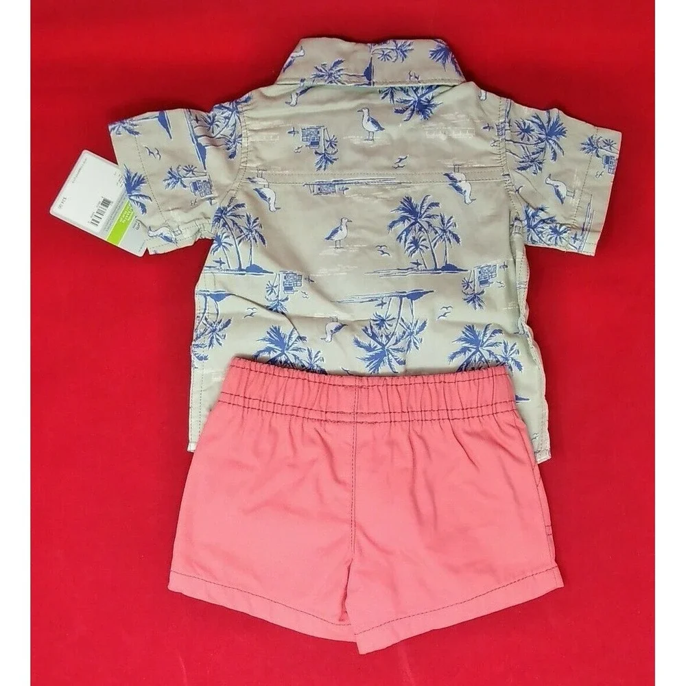 Carter's Boy's 2-Piece Shorts Shirt Set Palm Trees Size 3 Months Pink Green NEW